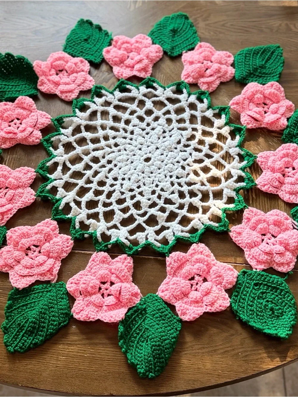 Vintage Hand-Crocheted Pink Rose Floral Table Cover Grannycore/ Cottagecore